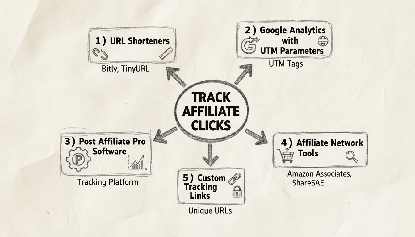 Affiliate click tracking methods diagram showing URL shorteners, Google Analytics, Post Affiliate Pro, affiliate networks, and custom tracking solutions