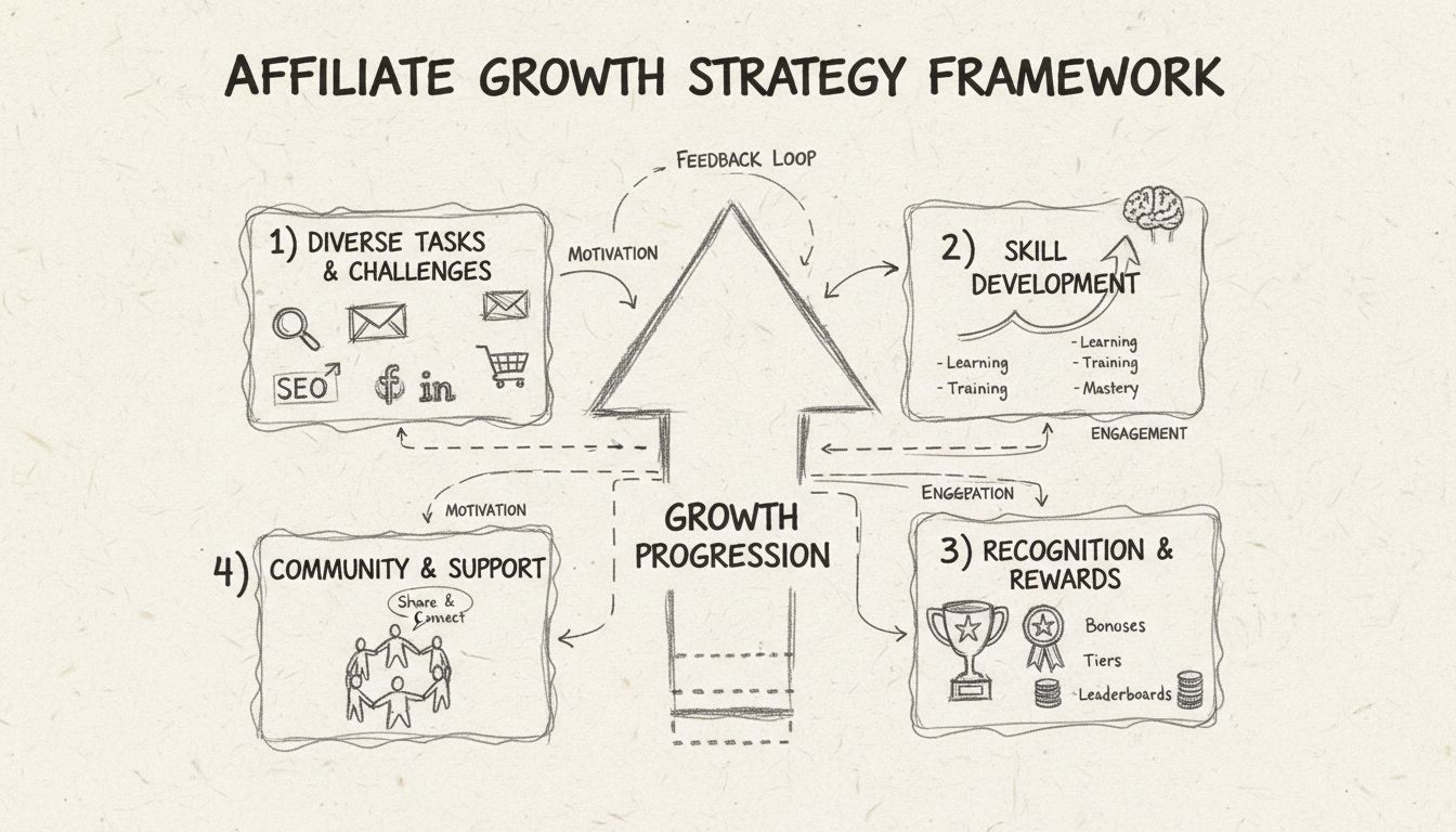 Affiliate growth strategy framework showing four pillars: diverse tasks, skill development, recognition and rewards, and community support