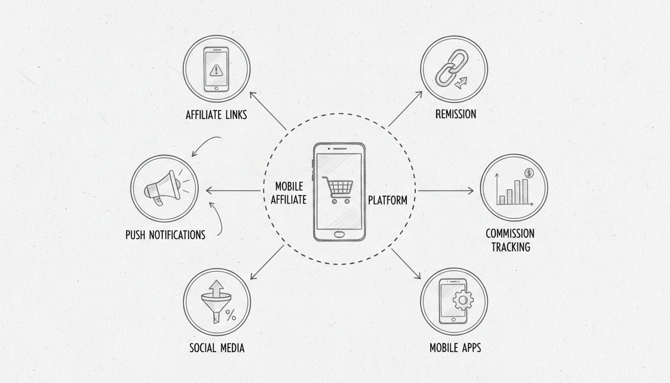 Mobile affiliate marketing strategy diagram showing smartphone with affiliate links, commission tracking, mobile apps, social media, push notifications, and conversion metrics