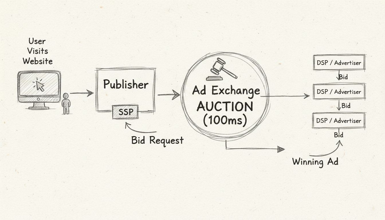 Real-Time Bidding process flow diagram showing user, publisher, SSP, ad exchange, and multiple advertisers bidding in milliseconds