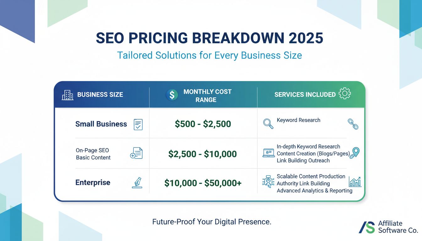 SEO pricing breakdown infographic showing costs by business size and services included
