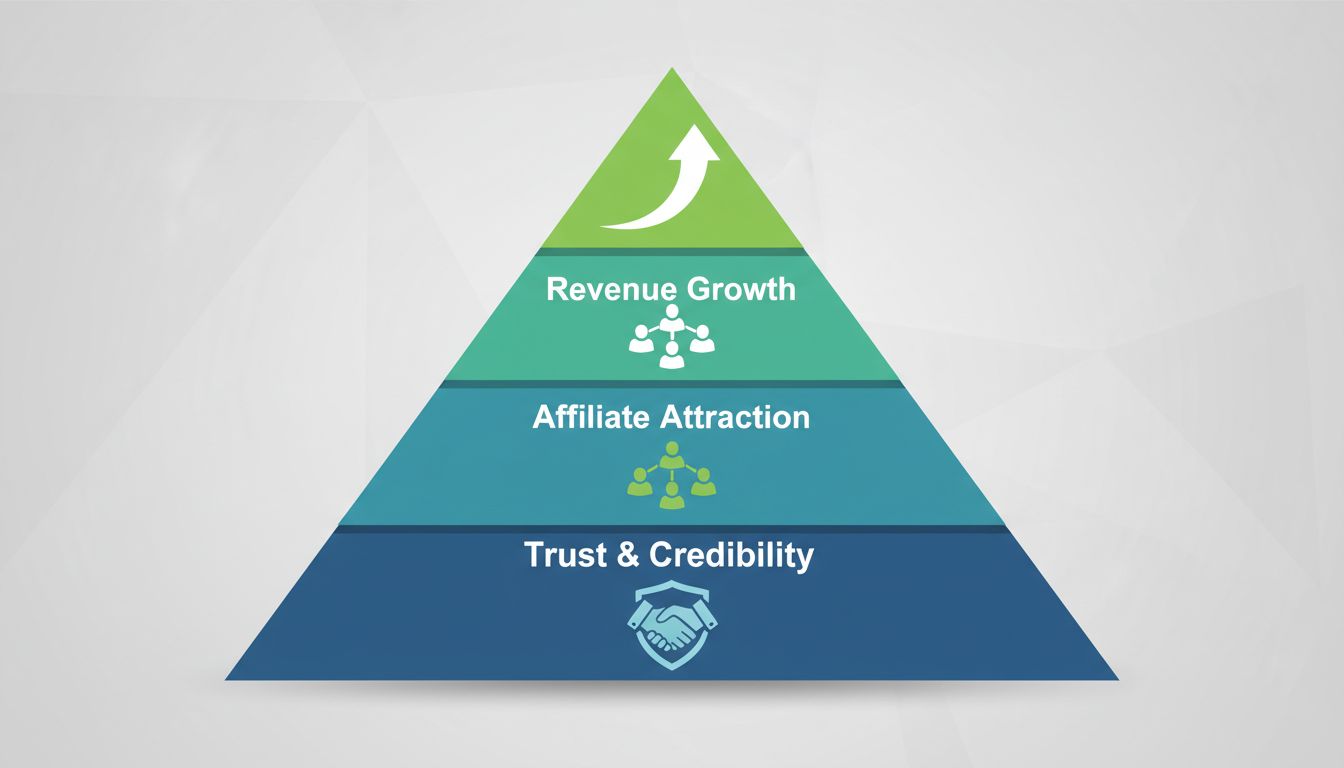 Pyramid diagram showing three levels of brand reputation impact on affiliate marketing: Trust & Credibility at base, Affiliate Attraction in middle, and Revenue Growth at top