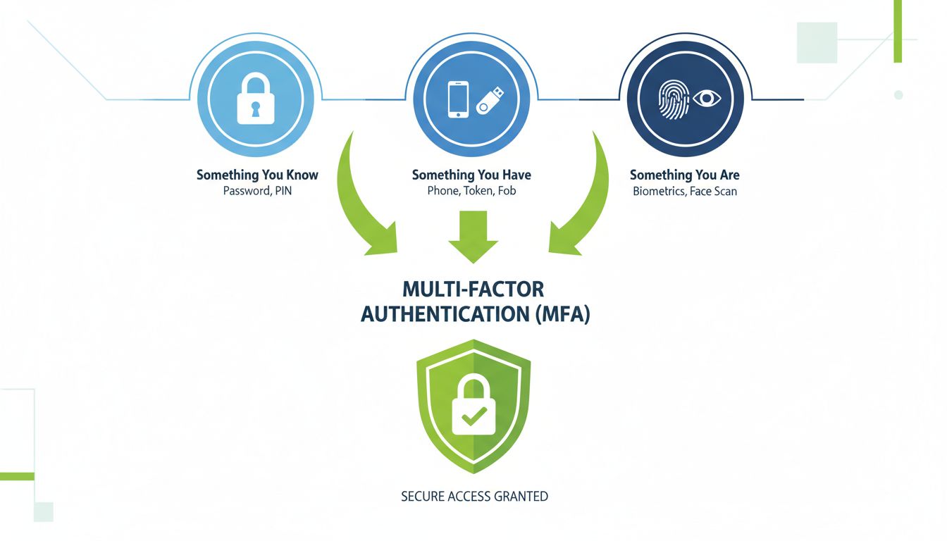 Multi-factor authentication factors diagram showing something you know, something you have, and something you are