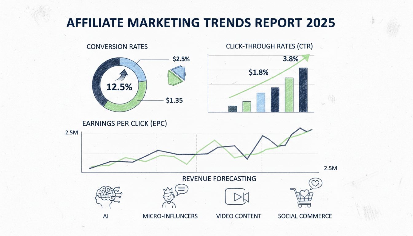 Affiliate marketing trends reports dashboard showing performance metrics, conversion rates, EPC, and revenue forecasting with AI and social commerce icons