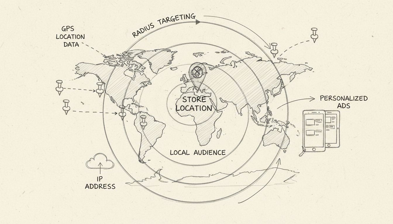 Hand-drawn diagram showing geotargeting concept with map, location pins, concentric circles representing targeting radius, and labels for GPS Location Data, IP Address, Radius Targeting, Local Audience, and Personalized Ads