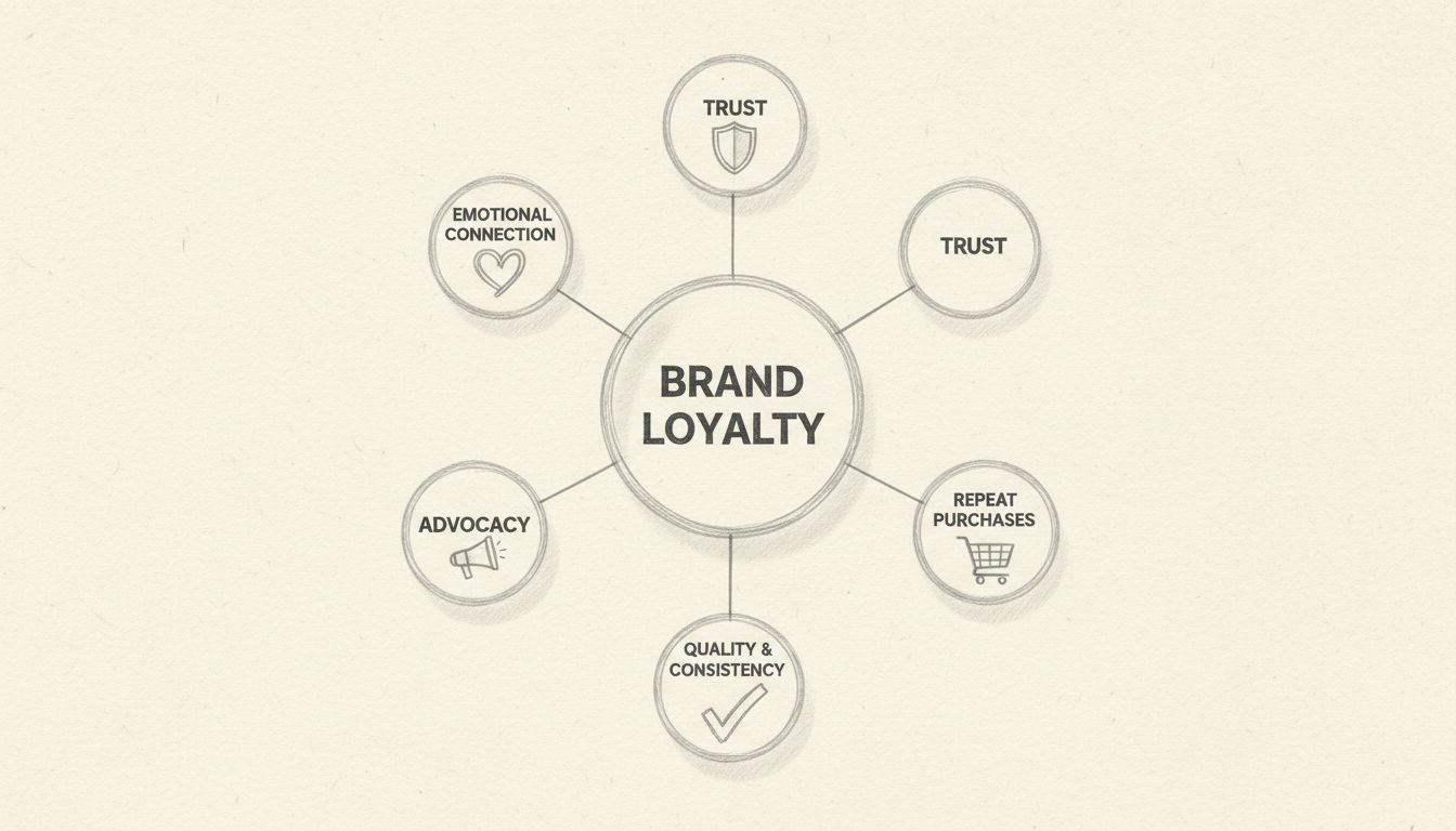 Brand loyalty diagram showing emotional connection, trust, repeat purchases, advocacy, and quality consistency