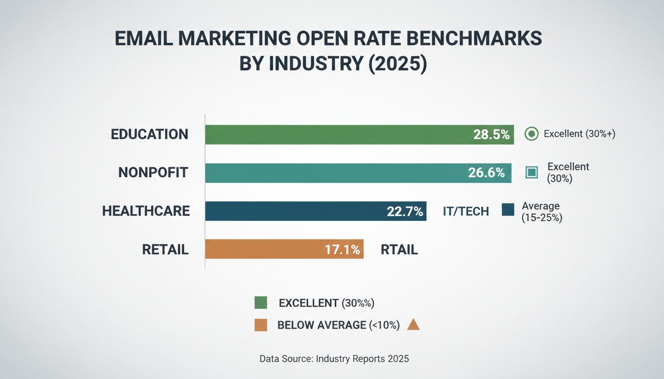 Email marketing open rate benchmarks by industry showing average, excellent, and below average ranges
