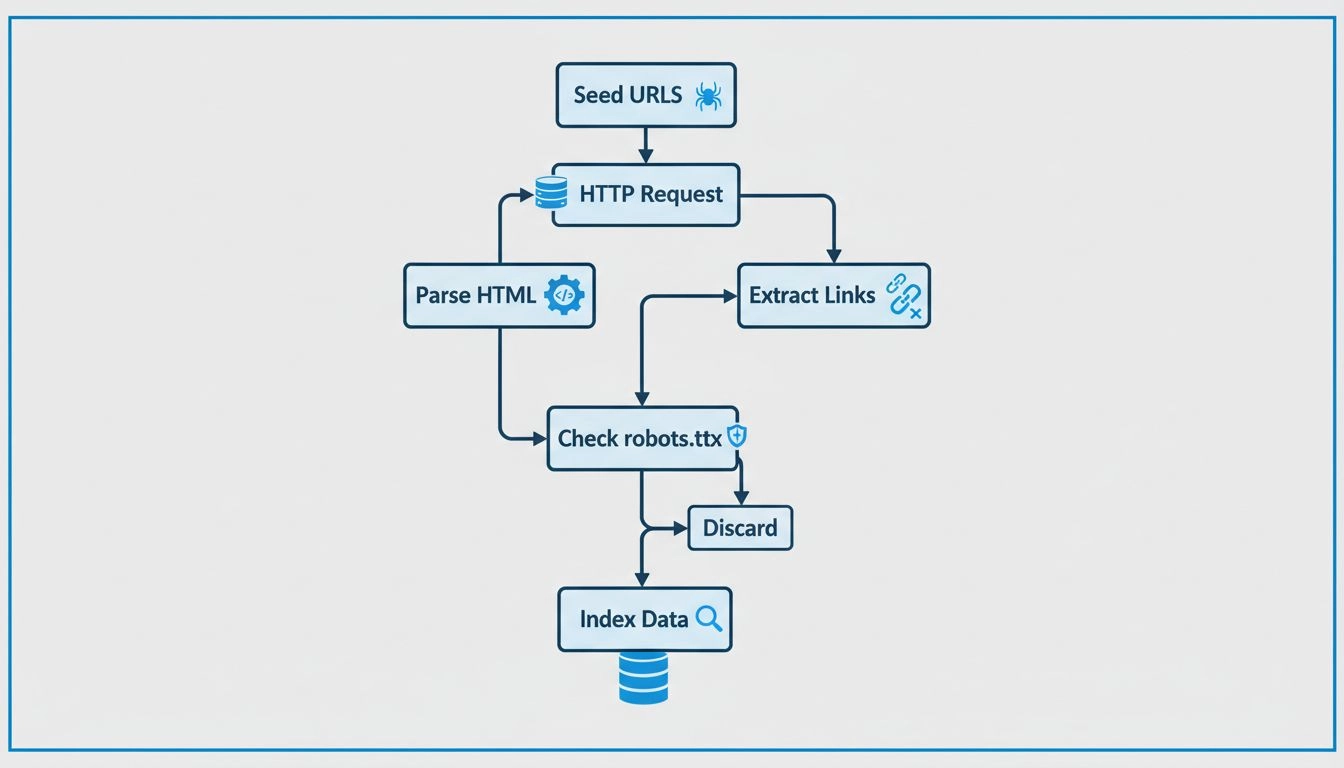 Web crawler process flowchart showing seed URLs, HTTP requests, HTML parsing, link extraction, robots.txt checking, and database indexing