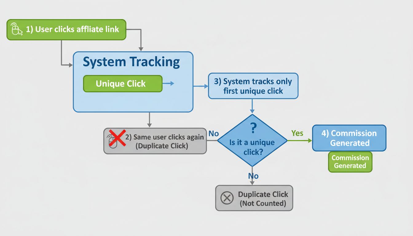 Unique click tracking system flowchart showing first click counted in green, duplicate clicks crossed out in gray, and commission generation only for unique clicks
