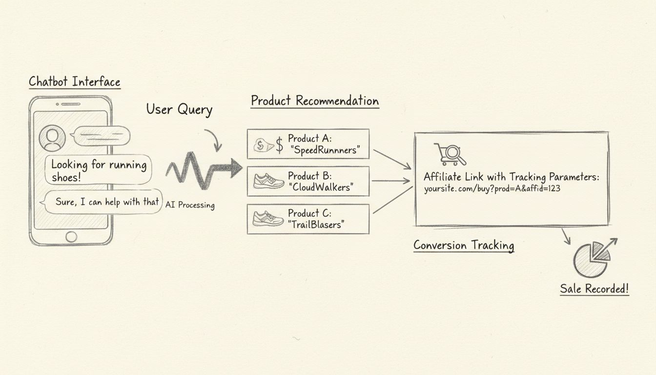 Hand-drawn diagram showing chatbot workflow in affiliate marketing with user query, AI processing, product recommendations, and conversion tracking