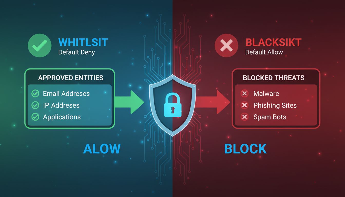 Whitelist vs Blacklist security comparison diagram showing approved entities allowed through whitelist and blocked threats in blacklist