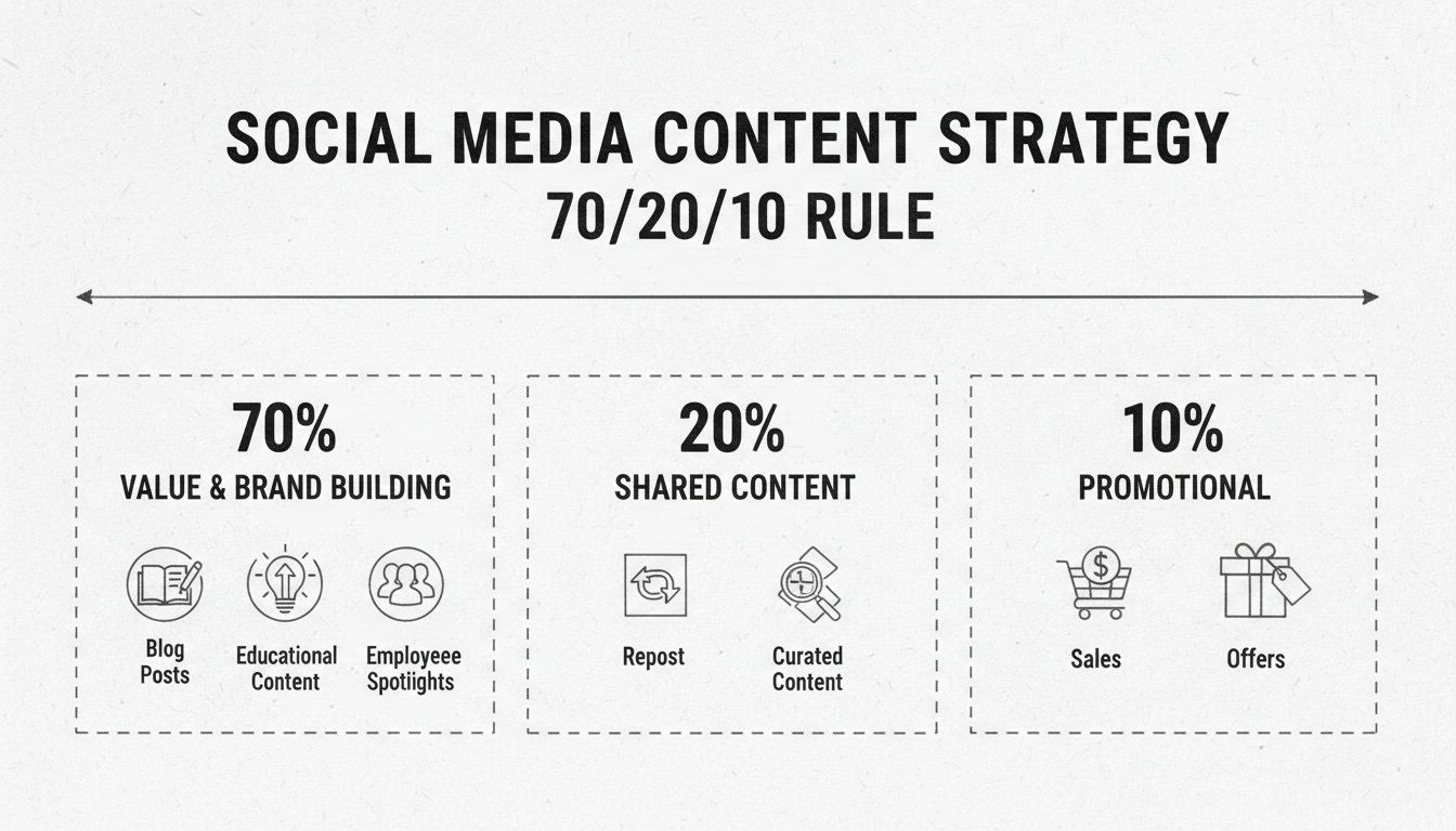 Social media content strategy 70/20/10 rule breakdown showing value building, shared content, and promotional content distribution