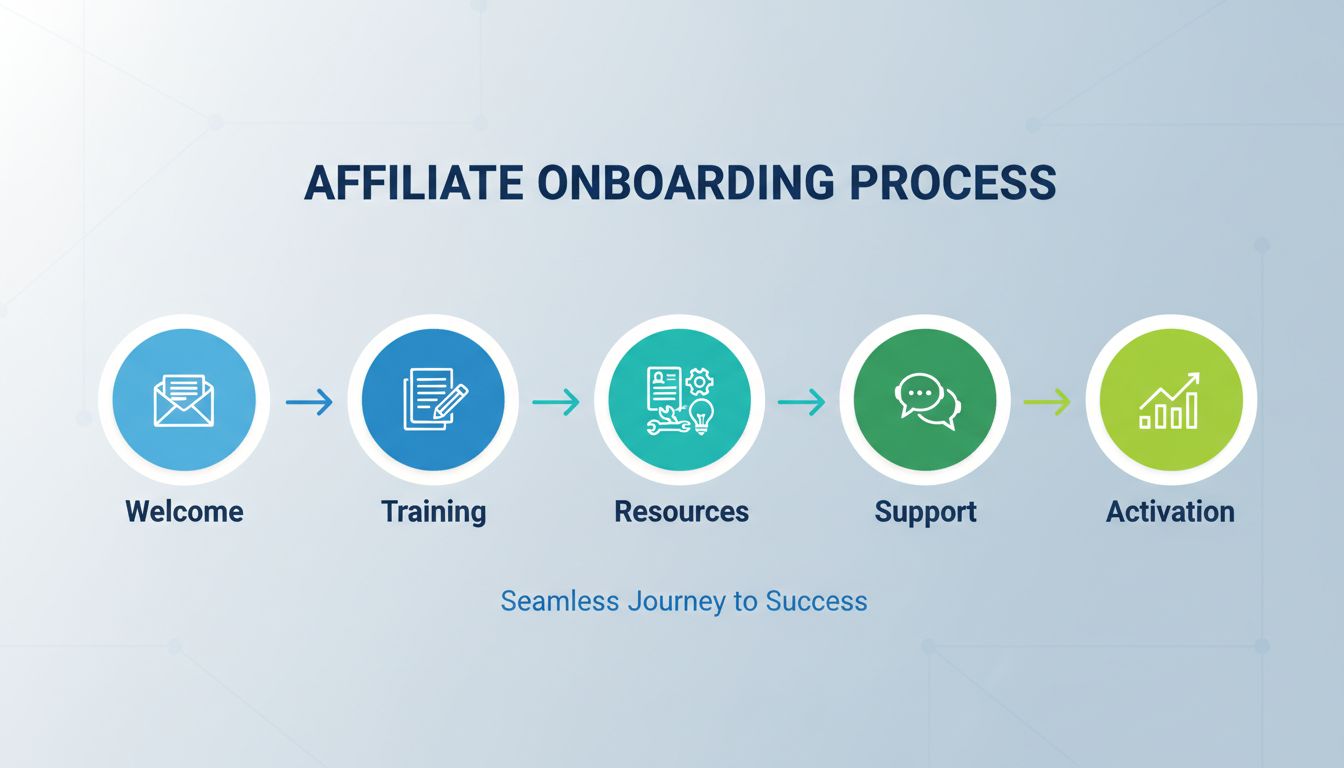 Affiliate onboarding process with 5 stages: Welcome, Training, Resources, Support, and Activation