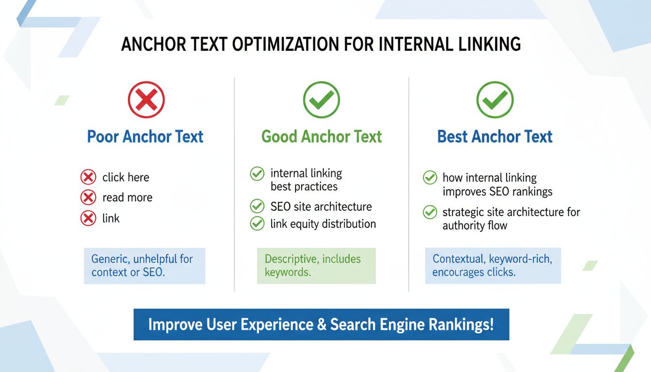 Anchor text optimization comparison showing poor examples like click here versus good examples with descriptive keywords