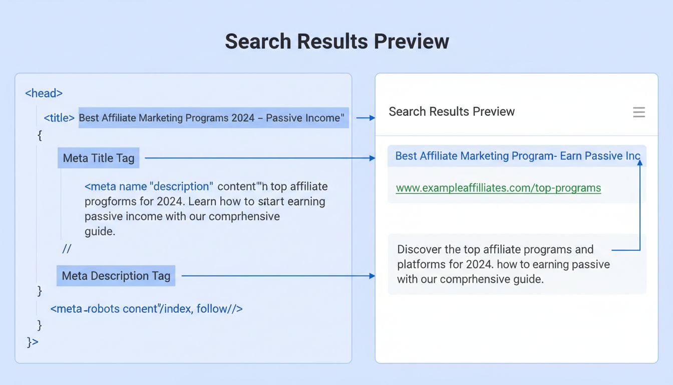 Technical diagram showing meta tags structure for affiliate marketing with HTML code snippets and search results preview