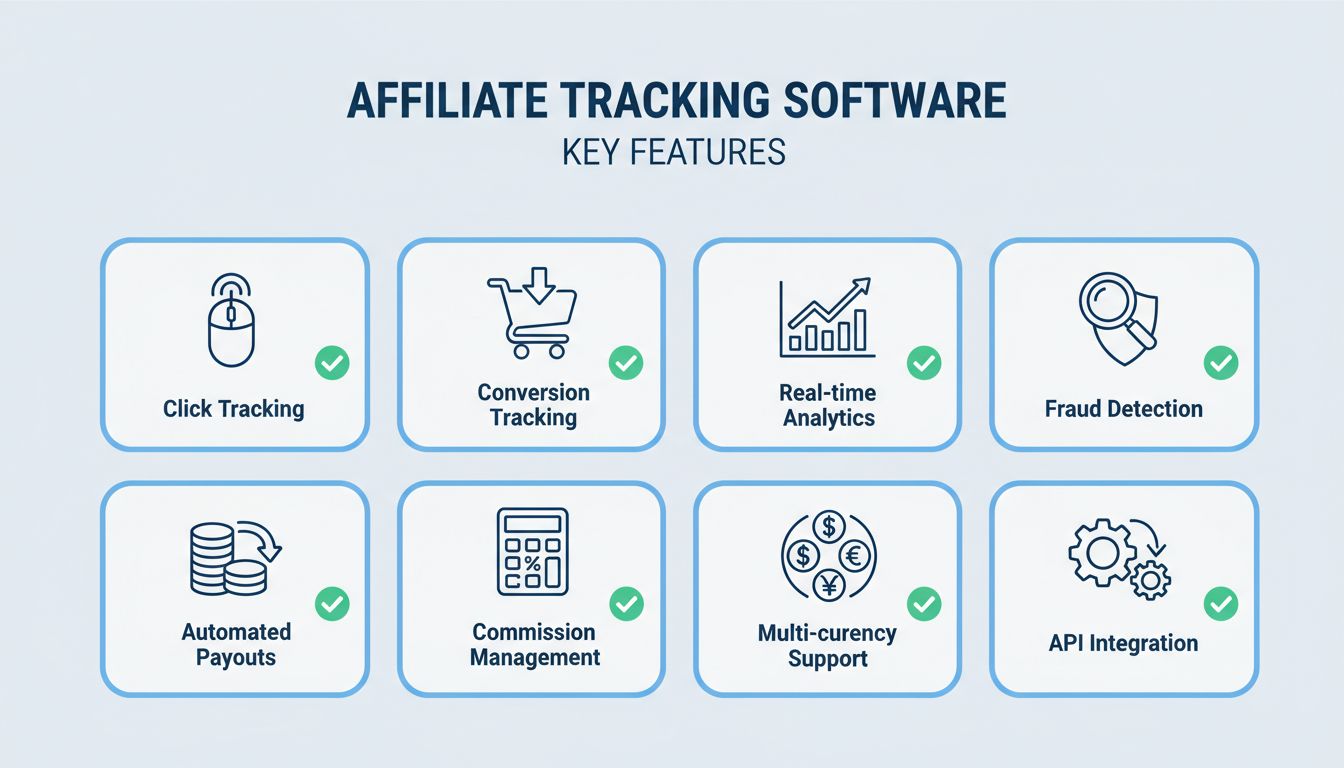 Key features of affiliate tracking software including click tracking, conversion tracking, real-time analytics, fraud detection, automated payouts, and commission management