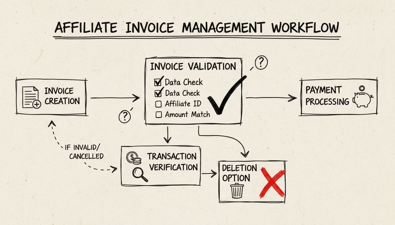Invoice management workflow diagram showing deletion process and transaction verification