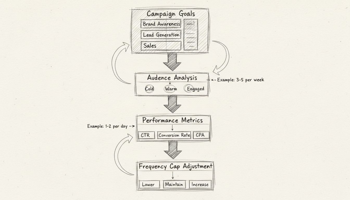 Frequency cap optimization framework flowchart showing campaign goals, audience analysis, performance metrics, and frequency adjustment process