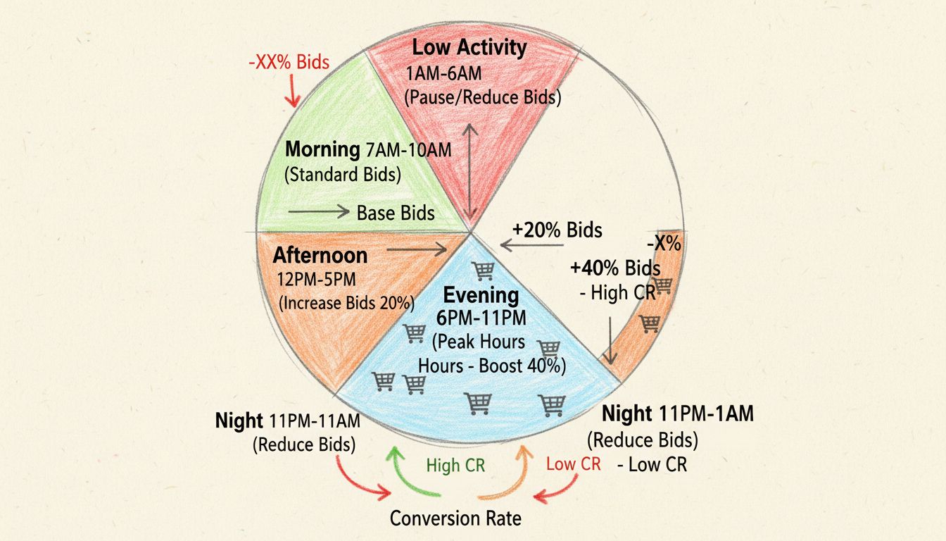 Dayparting strategy timeline showing 24-hour clock divided into time blocks with bid adjustment percentages and conversion rate indicators