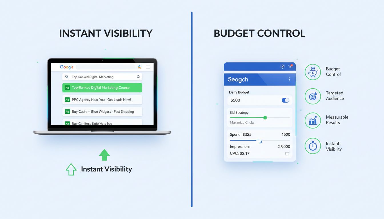 PPC advertising benefits infographic showing instant visibility and budget control dashboard