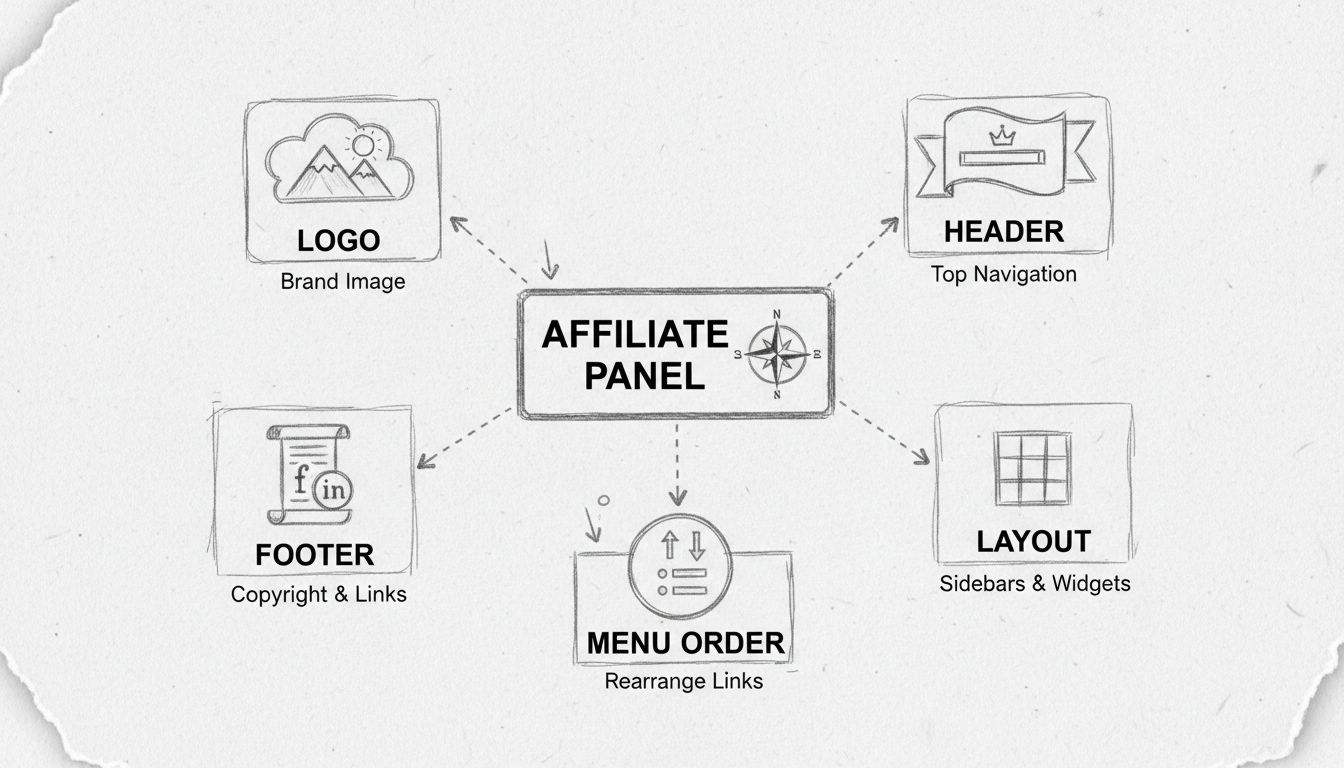 Affiliate panel customization components diagram showing logo, header, footer, layout, and menu order