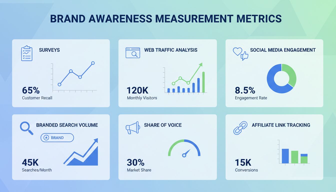 Brand awareness measurement metrics dashboard showing surveys, web traffic analysis, social media engagement, branded search volume, share of voice, and affiliate link tracking