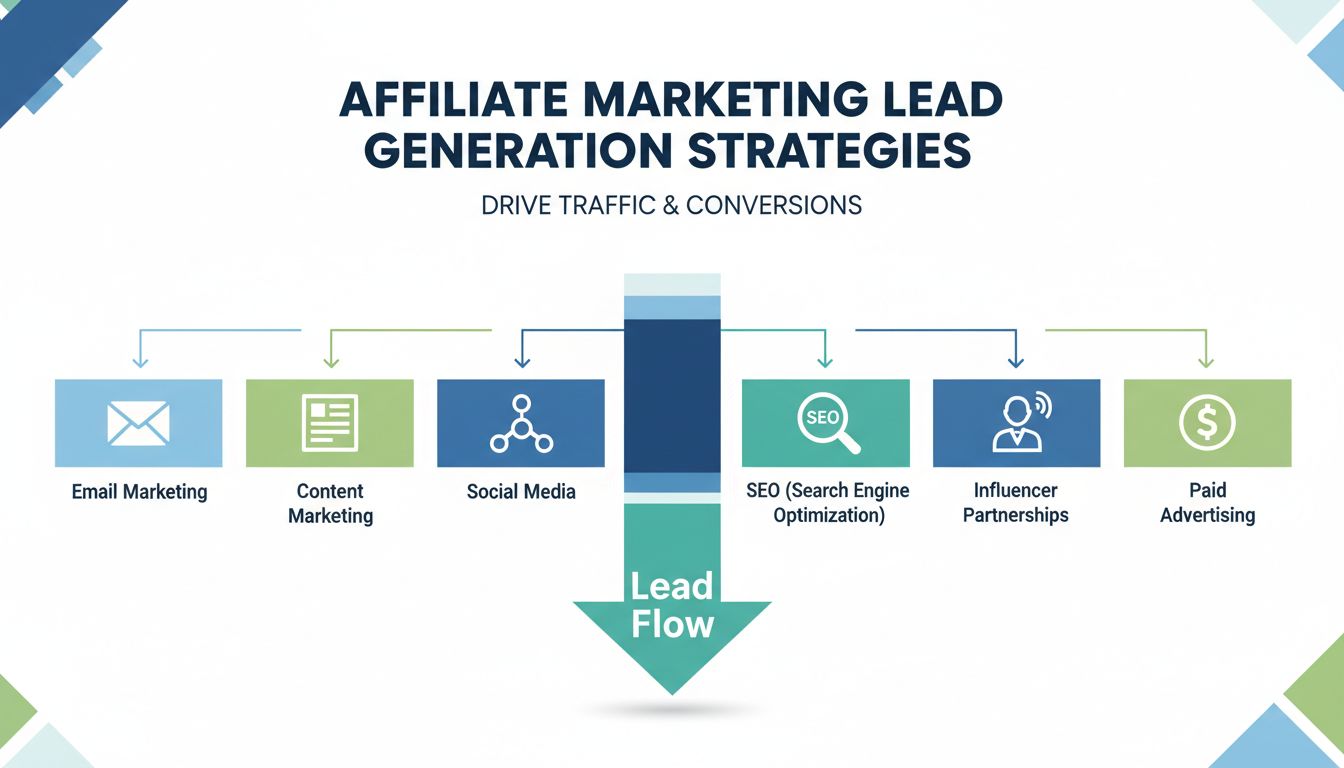 Lead generation methods for affiliate marketing including email marketing, content marketing, social media, SEO, influencer partnerships, and paid advertising