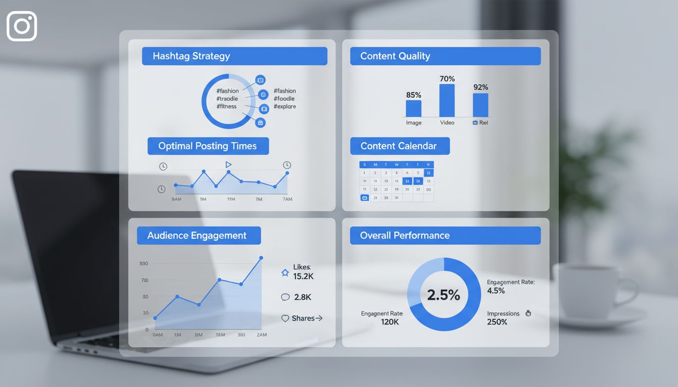 Instagram marketing strategy dashboard with hashtag research, analytics, content calendar, and engagement metrics