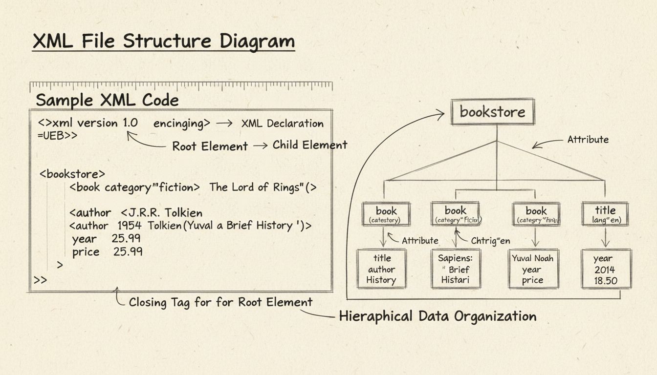 XML file structure diagram showing tags, elements, attributes and hierarchical organization