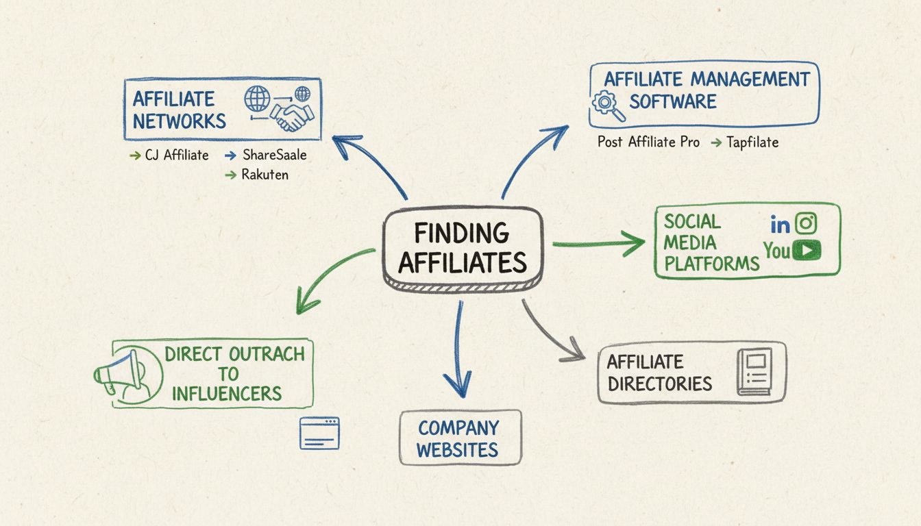 Hand-drawn diagram showing different methods to find affiliates including networks, software, influencers, and social media platforms