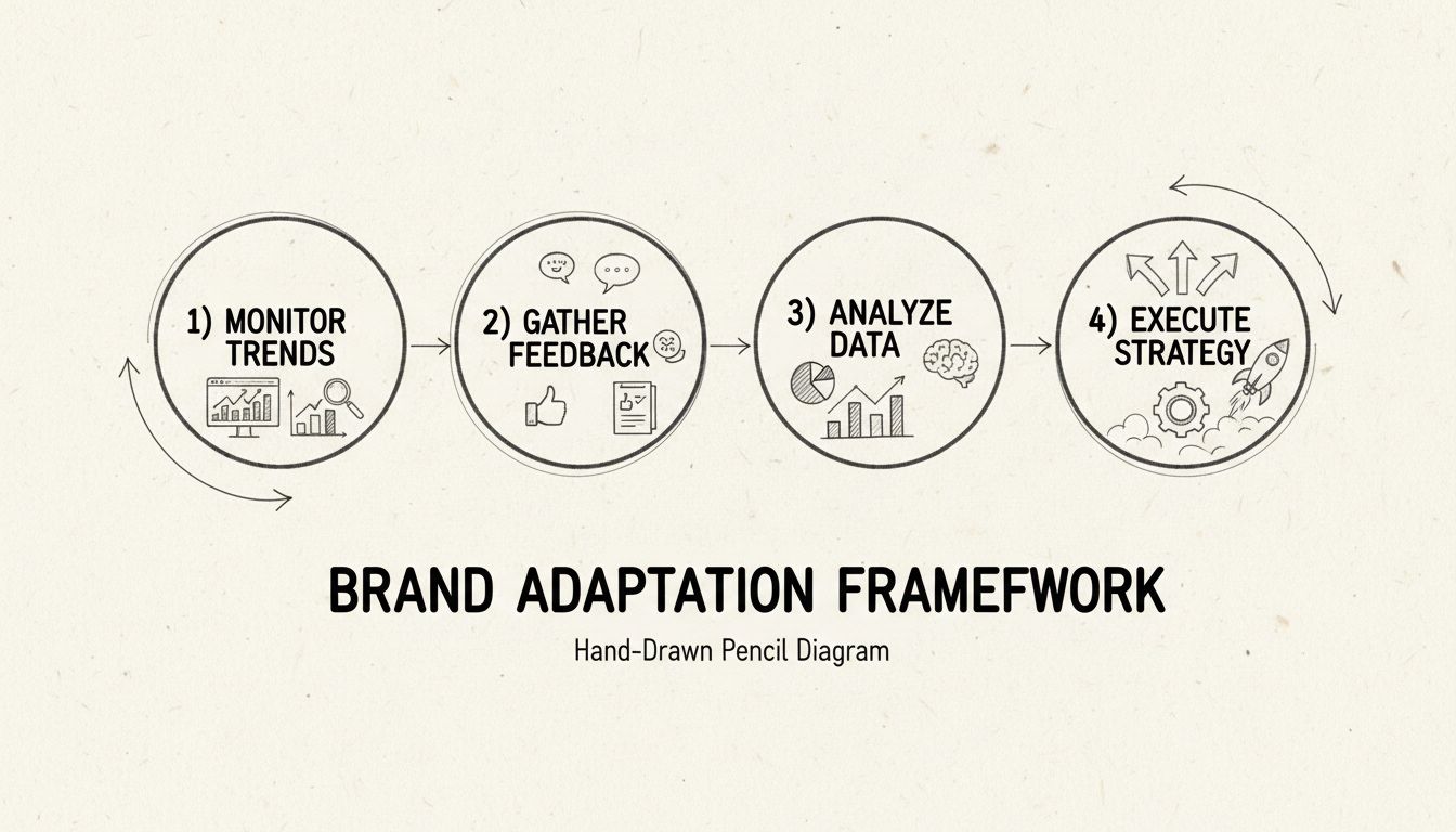 Brand adaptation framework showing four pillars: Monitor Trends, Gather Feedback, Analyze Data, and Execute Strategy