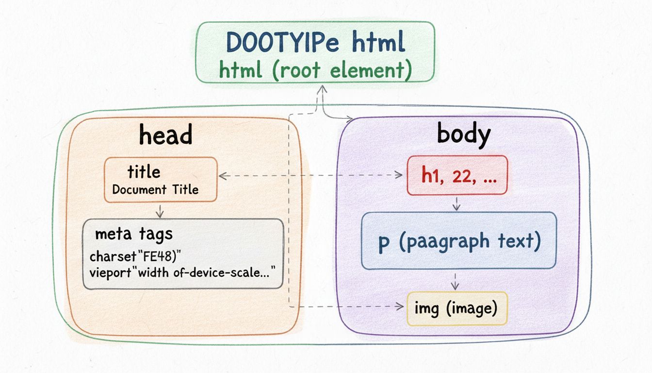 HTML document structure diagram showing DOCTYPE, html root element, head section with metadata, and body section with content elements