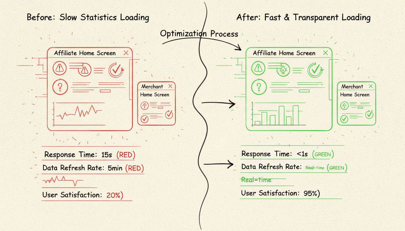 Dashboard performance optimization diagram showing before and after statistics loading improvements