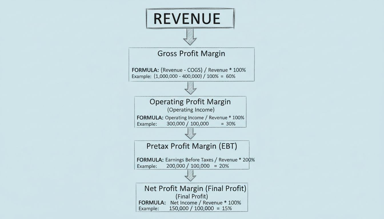 Profit margin types and calculation flow diagram showing gross, operating, pretax, and net profit margins