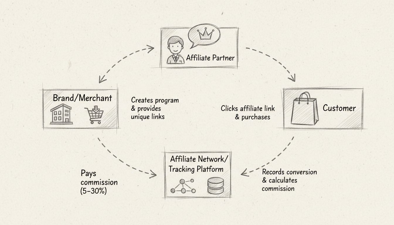 Affiliate partner program workflow diagram showing the circular flow between brand, affiliate partner, customer, and tracking platform
