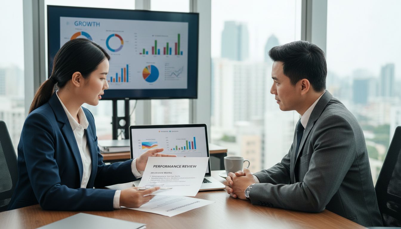 Professional business meeting between employee and manager discussing salary increase with performance metrics and achievement documents