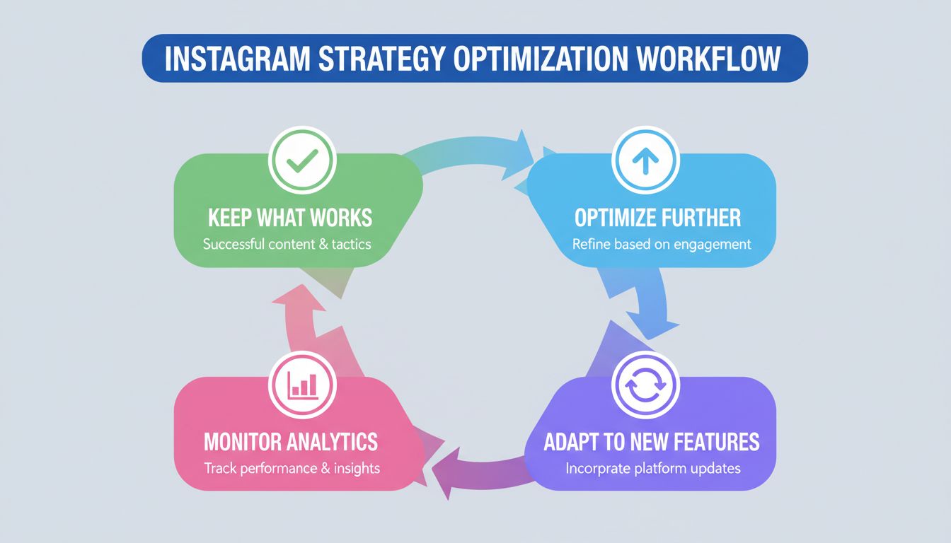 Instagram strategy optimization workflow showing Keep What Works, Optimize Further, Adapt to New Features, and Monitor Analytics