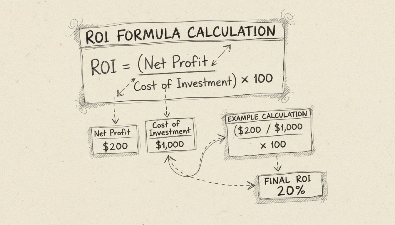 Hand-drawn pencil diagram showing ROI formula calculation with example