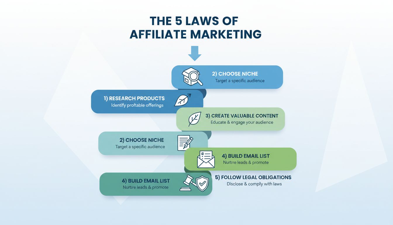 The 5 Laws of Affiliate Marketing: Research Products, Choose Niche, Create Valuable Content, Build Email List, Follow Legal Obligations