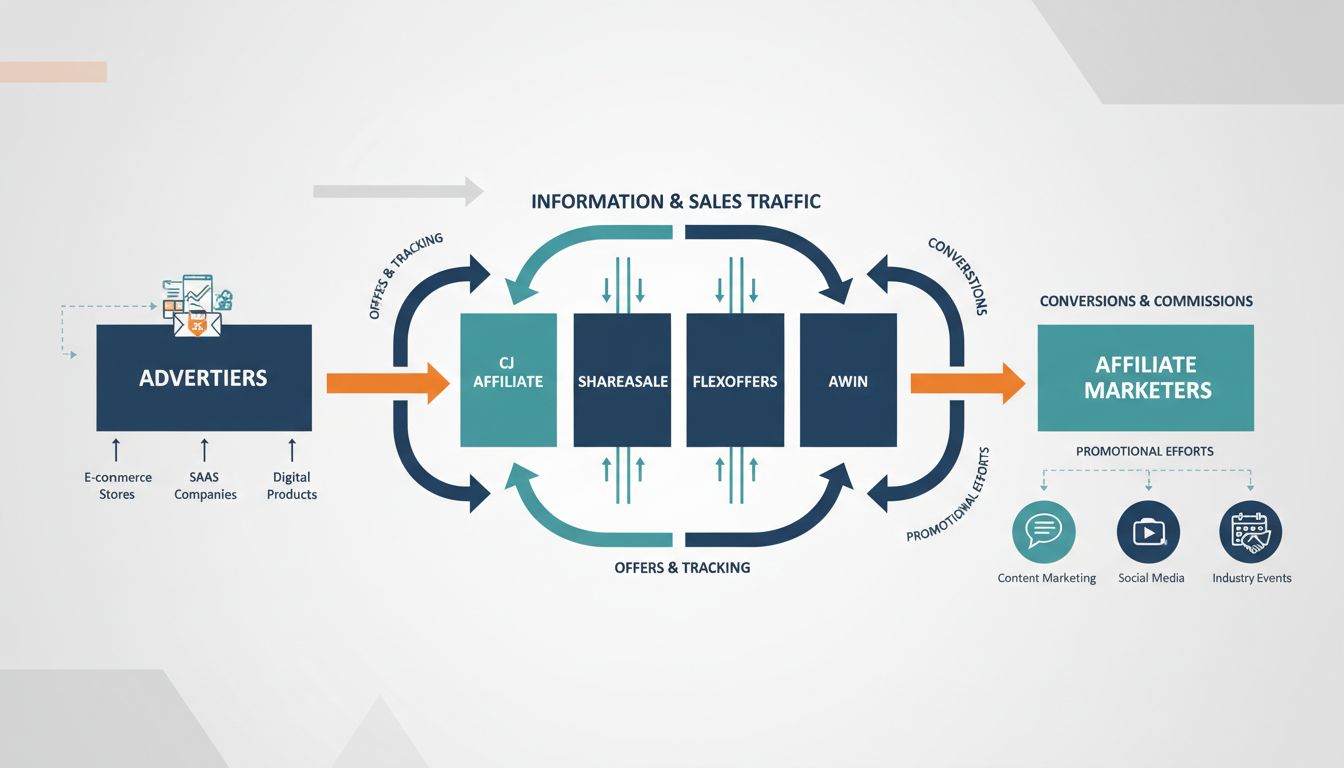 Affiliate marketing network structure showing connections between advertisers, affiliate networks, and marketers