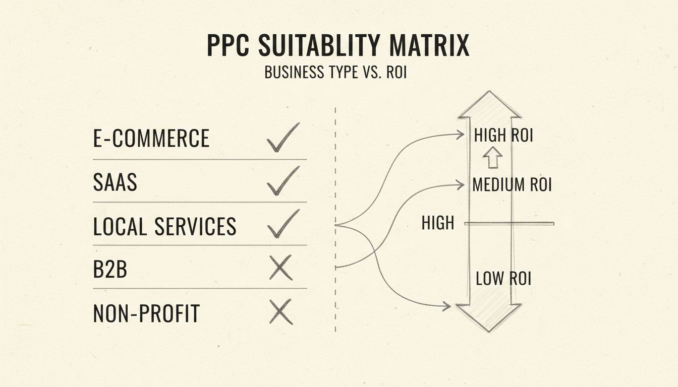Business suitability matrix for PPC advertising showing different business types and ROI indicators