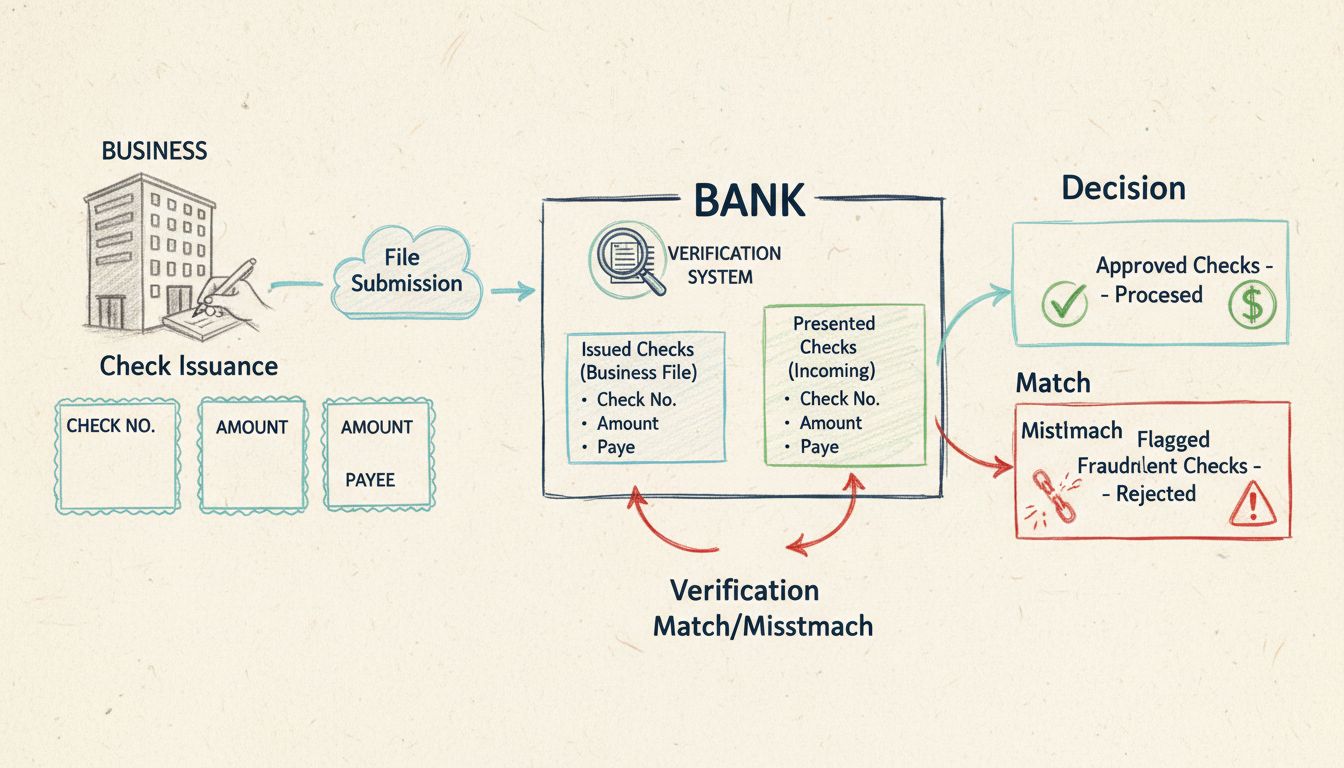 Positive Pay process flow diagram showing check issuance, file submission, check presentation, verification matching, and decision stages