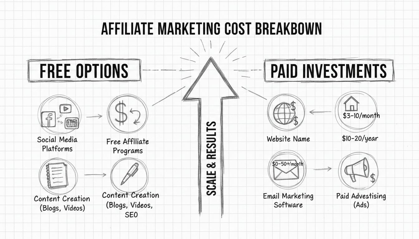 Affiliate marketing cost breakdown diagram showing free options like social media and paid investments like hosting and email marketing