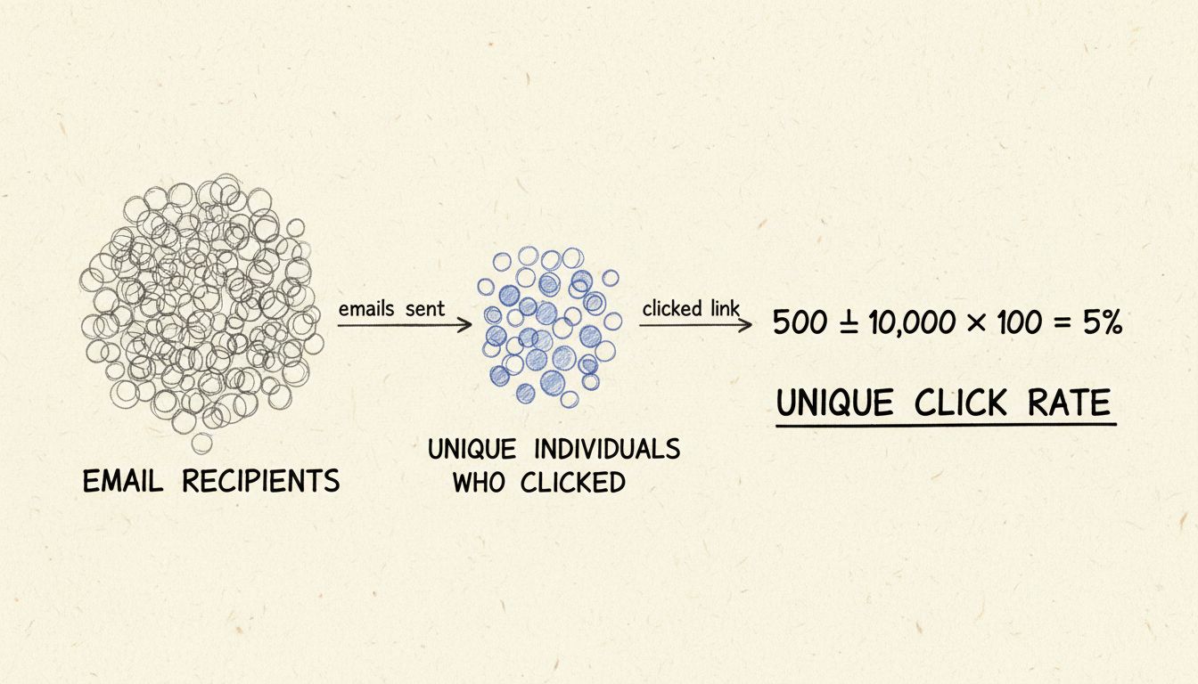 Hand-drawn diagram showing unique click rate calculation with 10,000 recipients, 500 unique clicks, resulting in 5% unique click rate