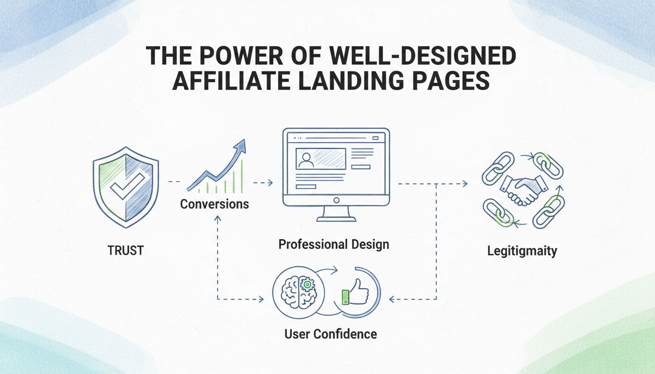 Infographic showing importance of well-designed affiliate landing pages with trust, conversions, professional design, user confidence, and legitimacy elements