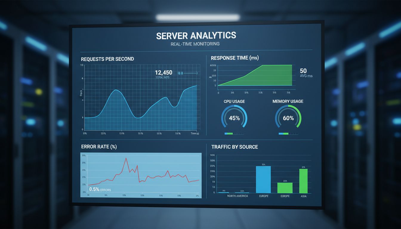 Server monitoring dashboard showing real-time server hits, requests per second, response times, CPU usage, memory usage, and error rates with professional analytics interface