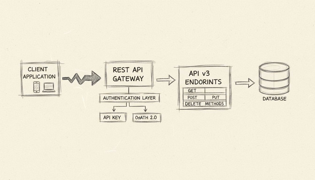 REST API Architecture diagram showing Client Application connecting to REST API Gateway with Authentication Layer supporting API Key and OAuth 2.0, routing to API v3 Endpoints with HTTP methods, and connecting to Database
