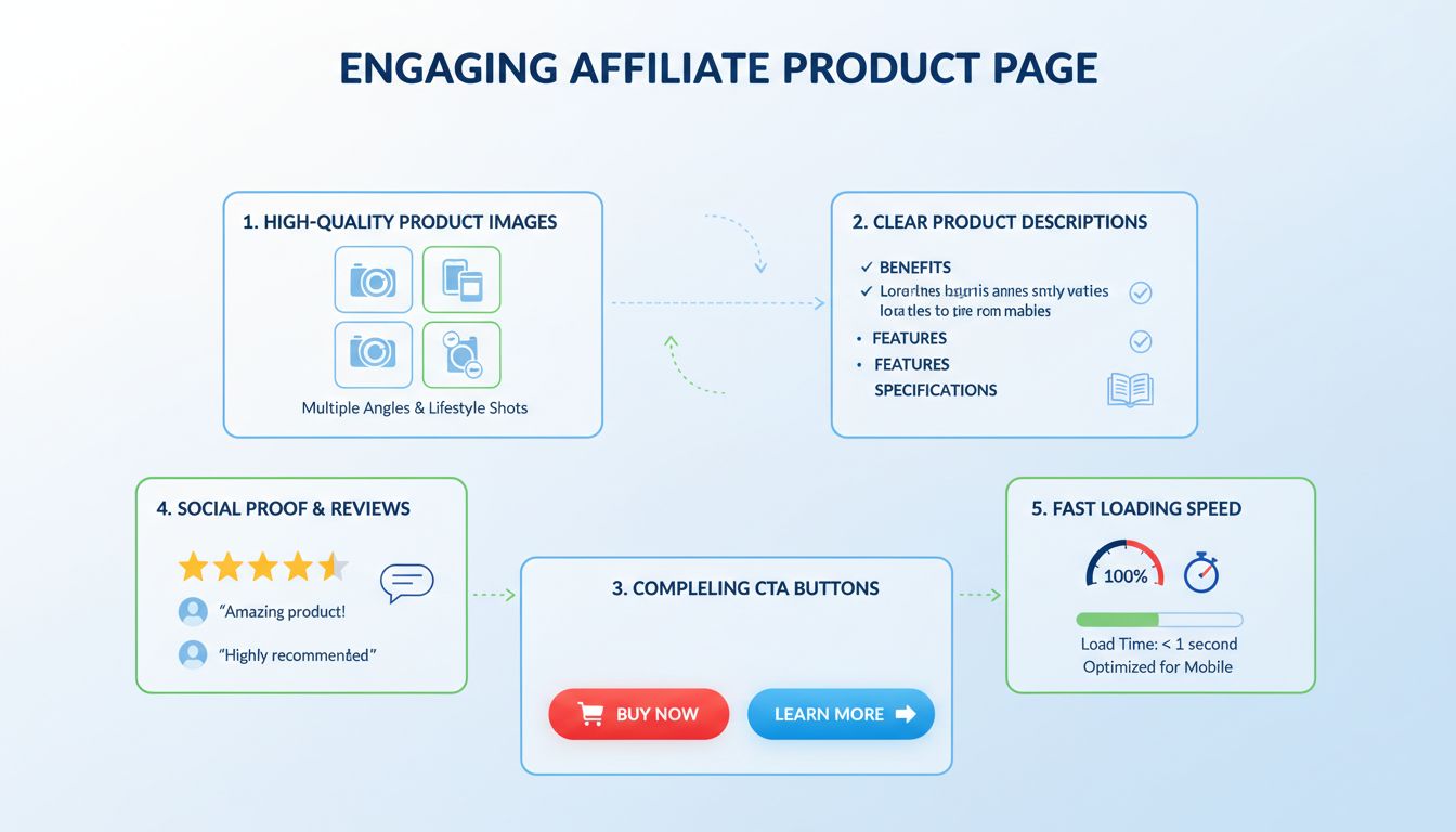 Engaging affiliate product page elements including high-quality images, clear descriptions, CTAs, social proof, and fast loading indicators