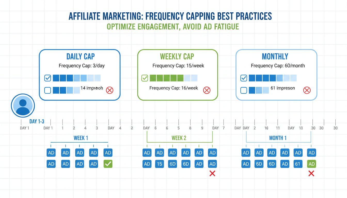 Frequency capping best practices infographic showing daily, weekly, and monthly impression caps with optimal engagement indicators