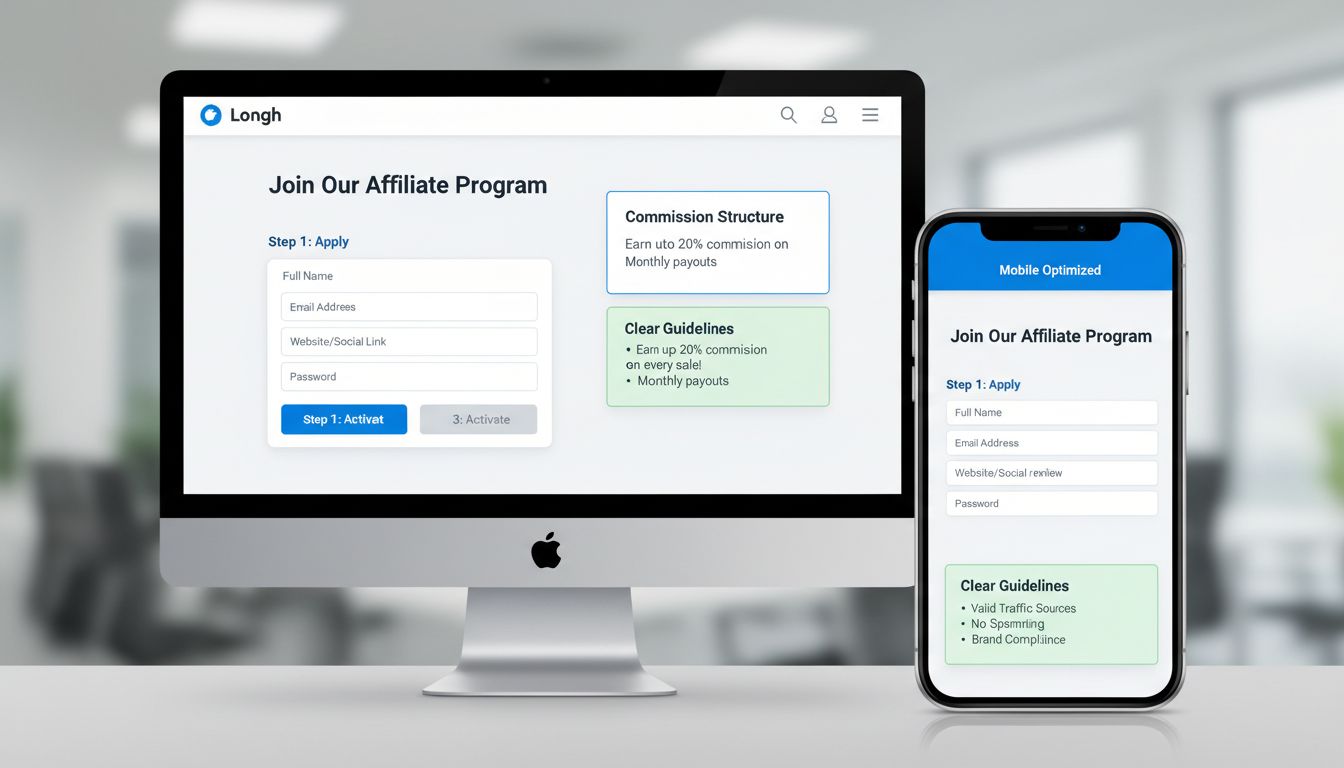Affiliate program onboarding dashboard with streamlined sign-up process, mobile optimization, and clear application guidelines